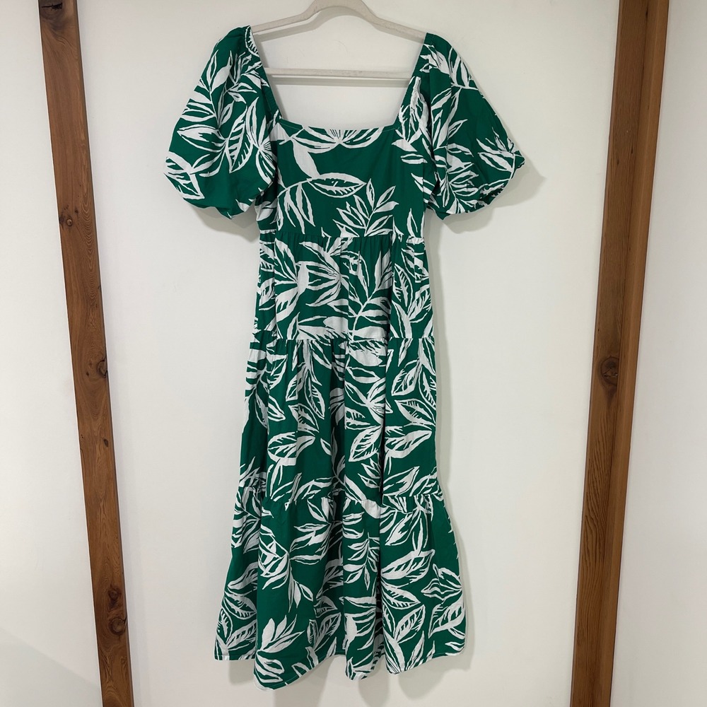 Meadow Rhodes Cotton Leaf Print Smocked Tiered Midi Dress Boho Green M